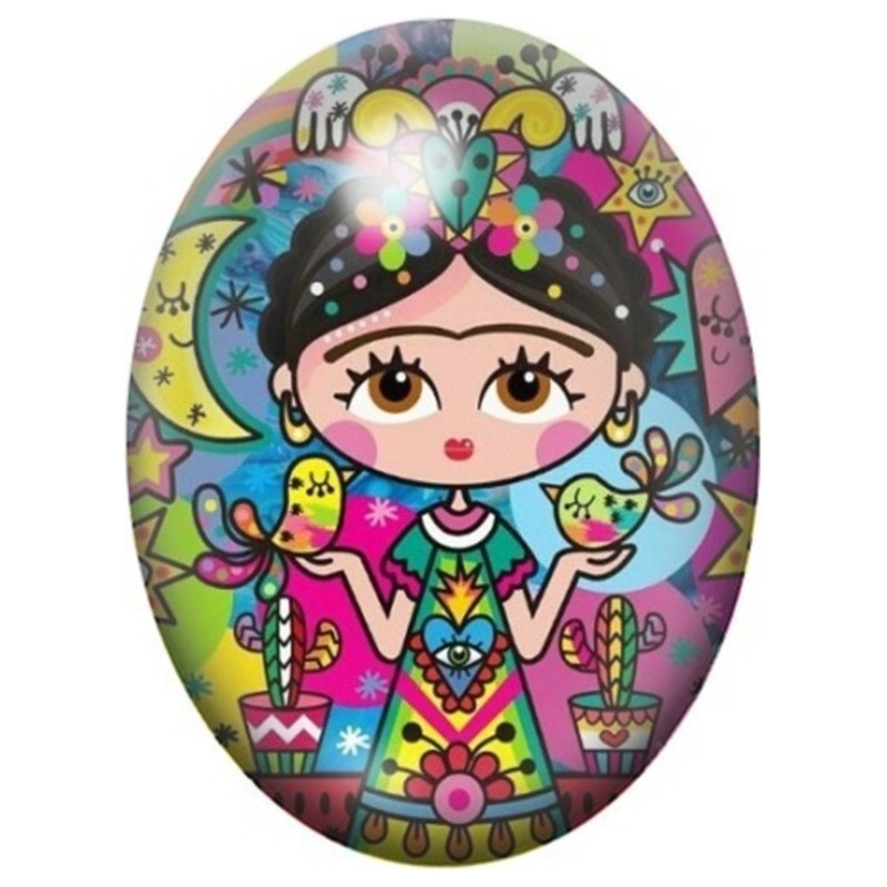 Cabochon en Verre Illustré Frida Kahlo Kawaii au Jardin Coloré 13x18, 18x25 ou 30x40mm