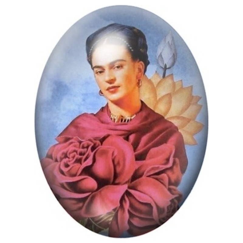 Cabochon en Verre Illustré Frida Kahlo à la Robe Rose Fleurie 13x18, 18x25 ou 30x40mm