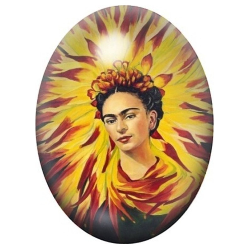 Cabochon en Verre Illustré Frida Kahlo au Soleil Rayonnant 13x18, 18x25 ou 30x40mm