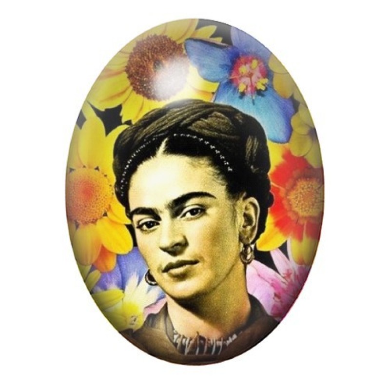 Cabochon en Verre Illustré Frida Kahlo en Portrait Fleuri Jaune 13x18, 18x25 ou 30x40mm