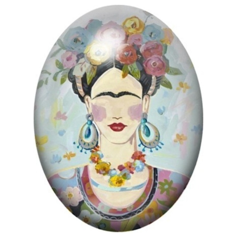 Cabochon en Verre Illustré Frida Kahlo aux Fleurs et Bijoux Turquoise 13x18, 18x25 ou 30x40mm