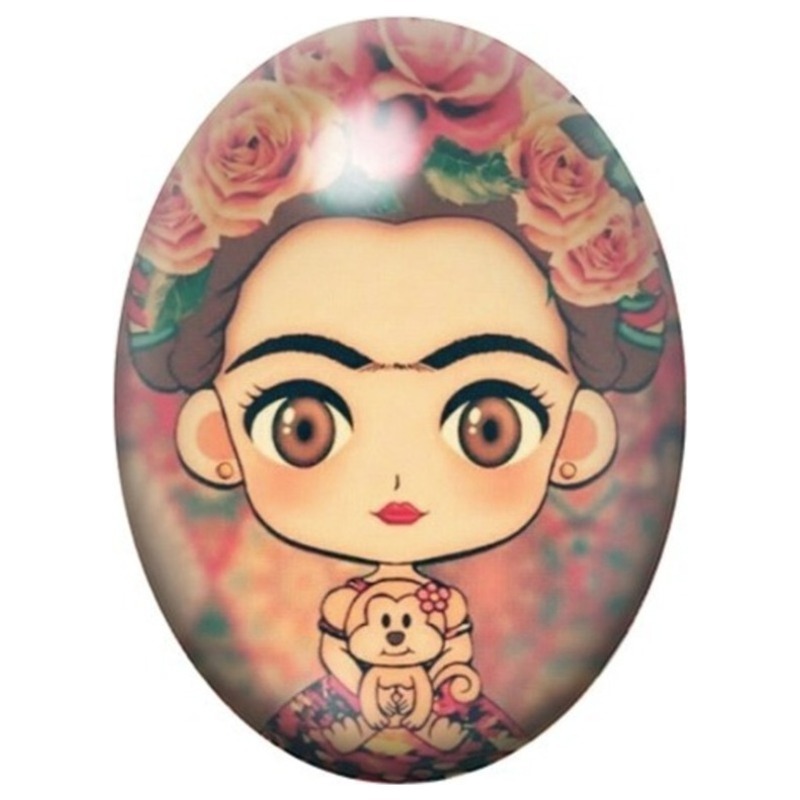Cabochon en Verre Illustré Frida Kahlo Kawaii au Petit Singe 13x18, 18x25 ou 30x40mm