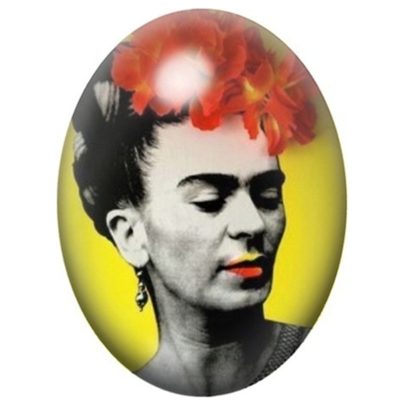 Cabochon en Verre Illustré Frida Kahlo aux Fleurs Rouges sur Fond Jaune 13x18, 18x25 ou 30x40mm