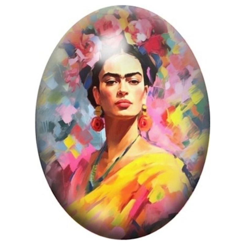 Cabochon en Verre Illustré Frida Kahlo en Aquarelle Jaune et Rose 13x18, 18x25 ou 30x40mm