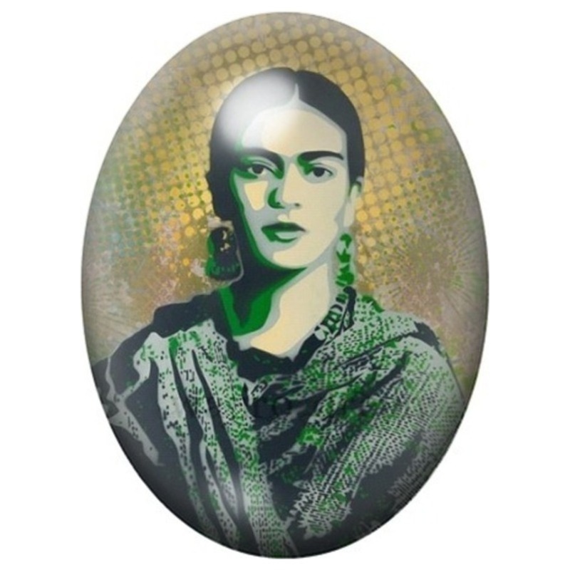Cabochon en Verre Illustré Frida Kahlo en Portrait Vintage Vert 13x18, 18x25 ou 30x40mm