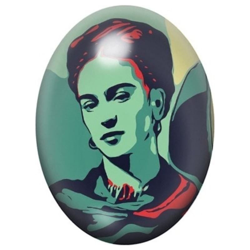 Cabochon en Verre Illustré Frida Kahlo en Portrait Graphique Vert et Rouge 13x18, 18x25 ou 30x40mm