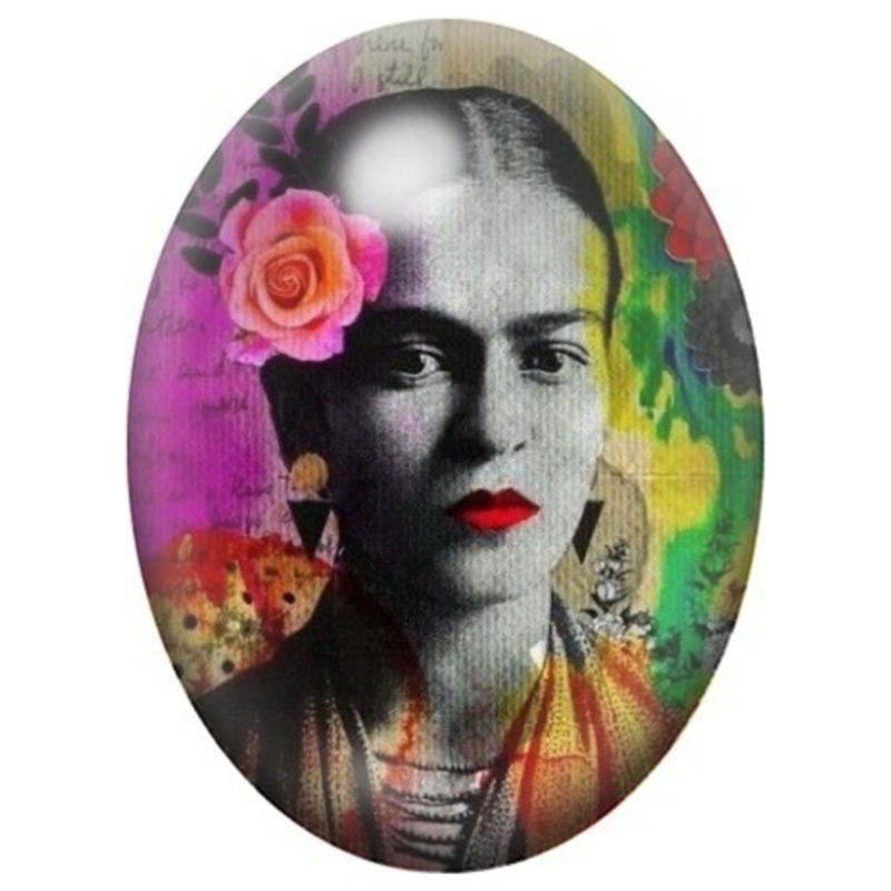 Cabochon en Verre Illustré Frida Kahlo à la Rose sur Fond Coloré 13x18, 18x25 ou 30x40mm