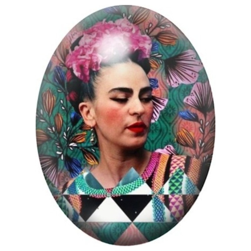 Cabochon en Verre Illustré Frida Kahlo au Feuillage Tropical 13x18, 18x25 ou 30x40mm