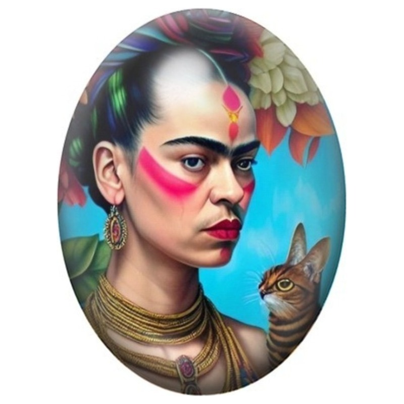 Cabochon en Verre Illustré Frida Kahlo au Chat sur Fond Turquoise 13x18, 18x25 ou 30x40mm