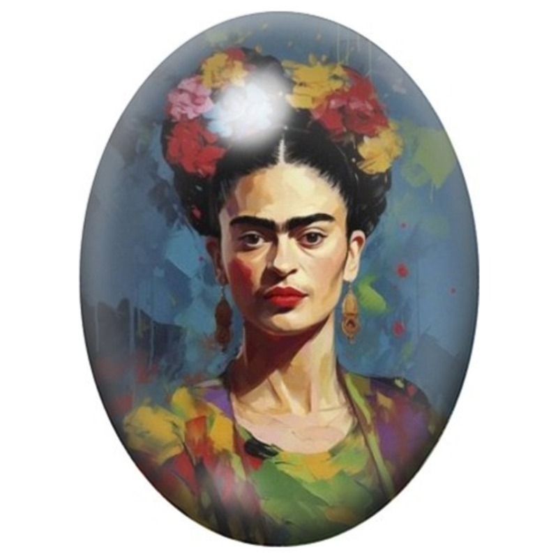 Cabochon en Verre Illustré Frida Kahlo en Portrait Peint Fleuri 13x18, 18x25 ou 30x40mm