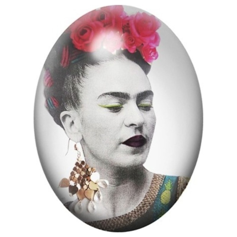 Cabochon en Verre Illustré Frida Kahlo aux Fleurs Rouges et Yeux Clos 13x18, 18x25 ou 30x40mm