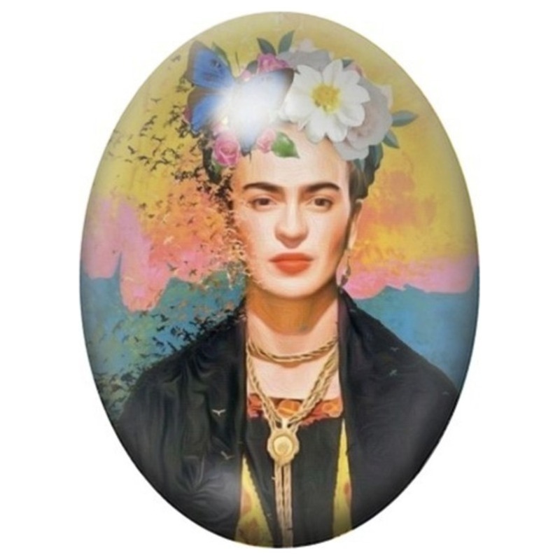 Cabochon en Verre Illustré Frida Kahlo aux Fleurs Blanches 13x18, 18x25 ou 30x40mm