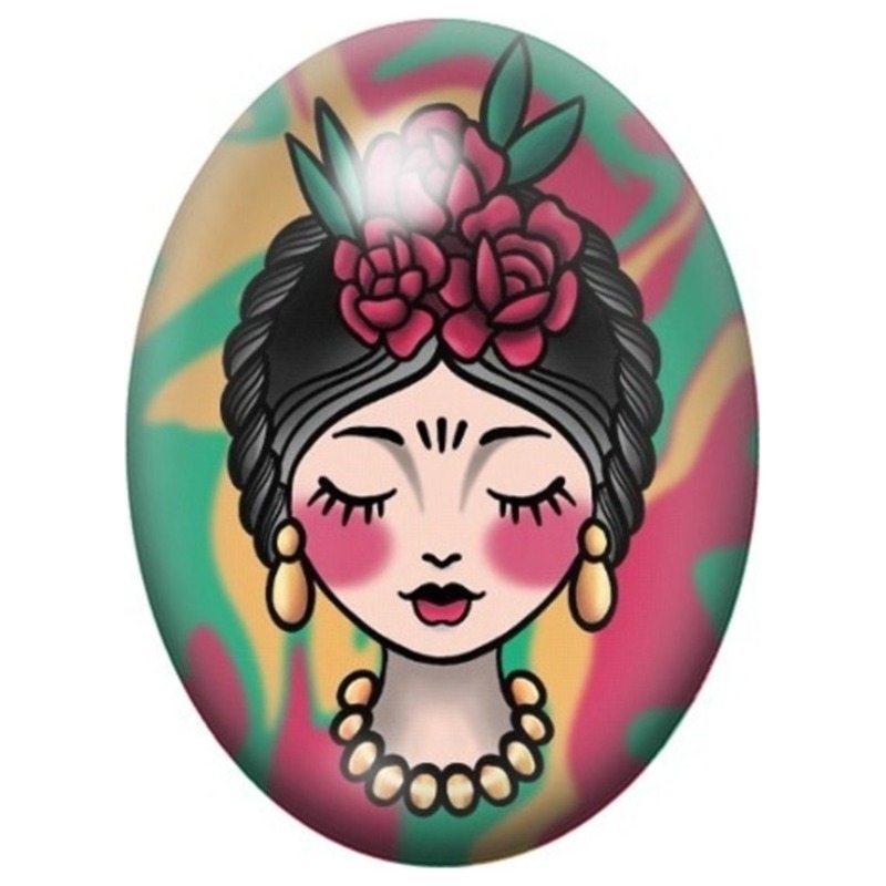 Cabochon en Verre Illustré Frida Kahlo Kawaii aux Roses Roses 13x18, 18x25 ou 30x40mm