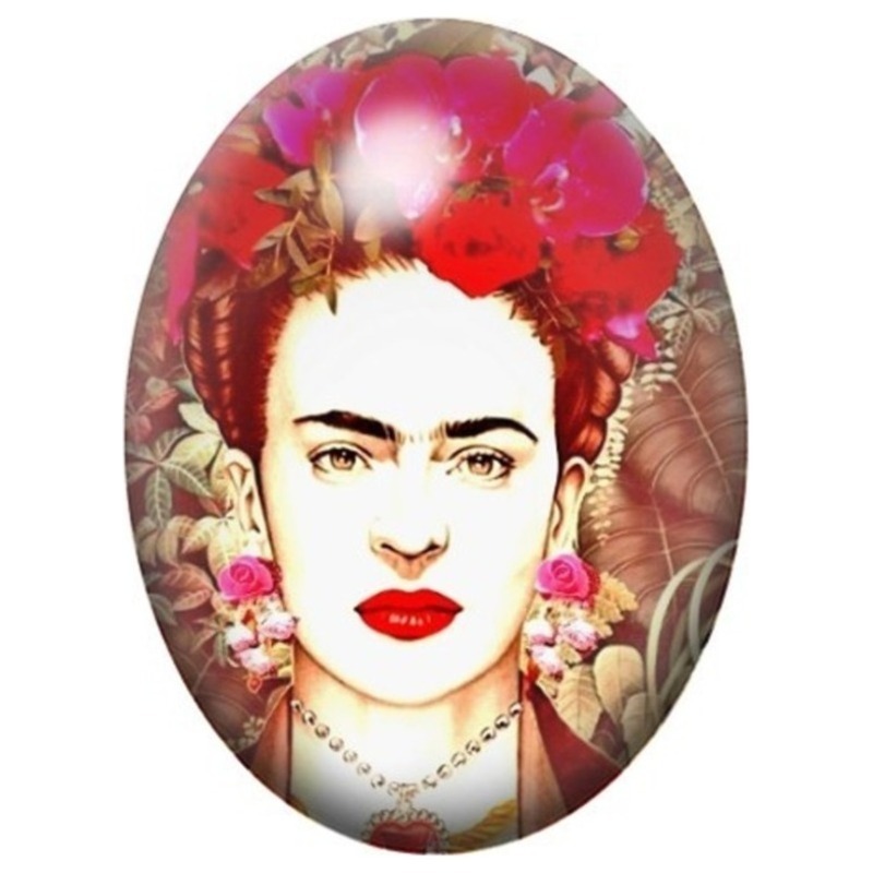 Cabochon en Verre Illustré Frida Kahlo aux Fleurs Rouges sur Fond Ornemental 13x18, 18x25 ou 30x40mm