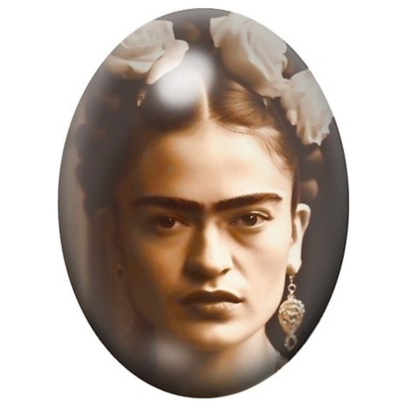 Cabochon en Verre Illustré Jeune Frida Kahlo aux Fleurs Blanches en Portrait Sépia 13x18, 18x25 ou 30x40mm