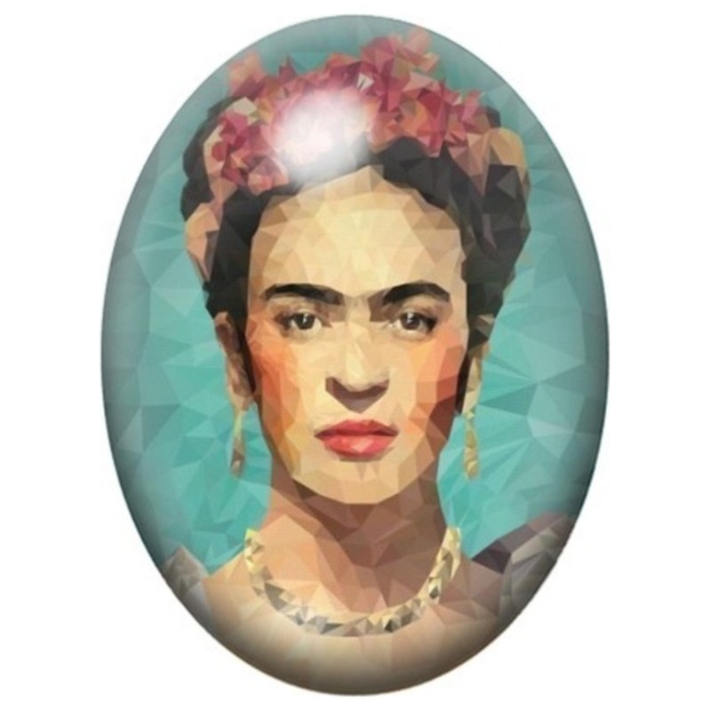 Cabochon en Verre Illustré Frida Kahlo en Portrait Polygonal 13x18, 18x25 ou 30x40mm