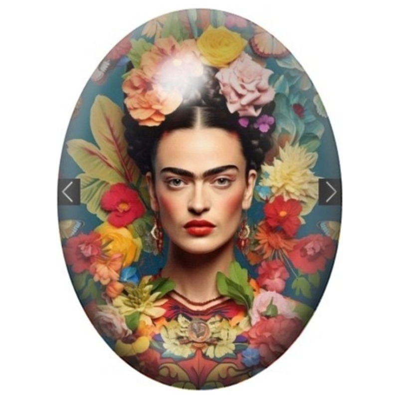 Cabochon en Verre Illustré Frida Kahlo au Jardin de Fleurs Colorées 13x18, 18x25 ou 30x40mm