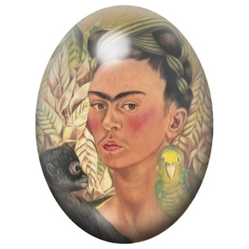 Cabochon en Verre Illustré Frida Kahlo au Chat Noir et Feuillage Doré 13x18, 18x25 ou 30x40mm
