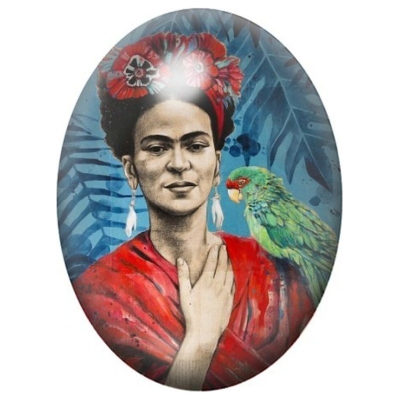 Cabochon en Verre Illustré Frida Kahlo au Perroquet Vert et au Châle Rouge 13x18, 18x25 ou 30x40mm