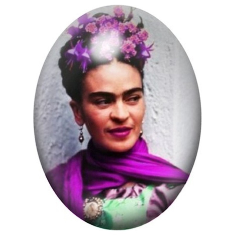 Cabochon en Verre Illustré Frida Kahlo au Châle Violet et Fleurs 13x18, 18x25 ou 30x40mm