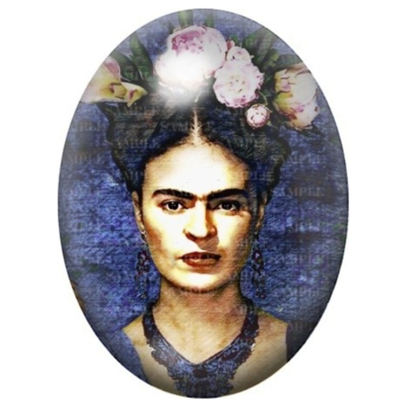 Cabochon en Verre Illustré Frida Kahlo aux Fleurs Blanches sur Fond Bleu Nuit 13x18, 18x25 ou 30x40mm