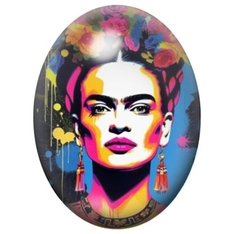 Cabochon en Verre Illustré Frida Kahlo en Portrait Néon Multicolore 13x18, 18x25 ou 30x40mm