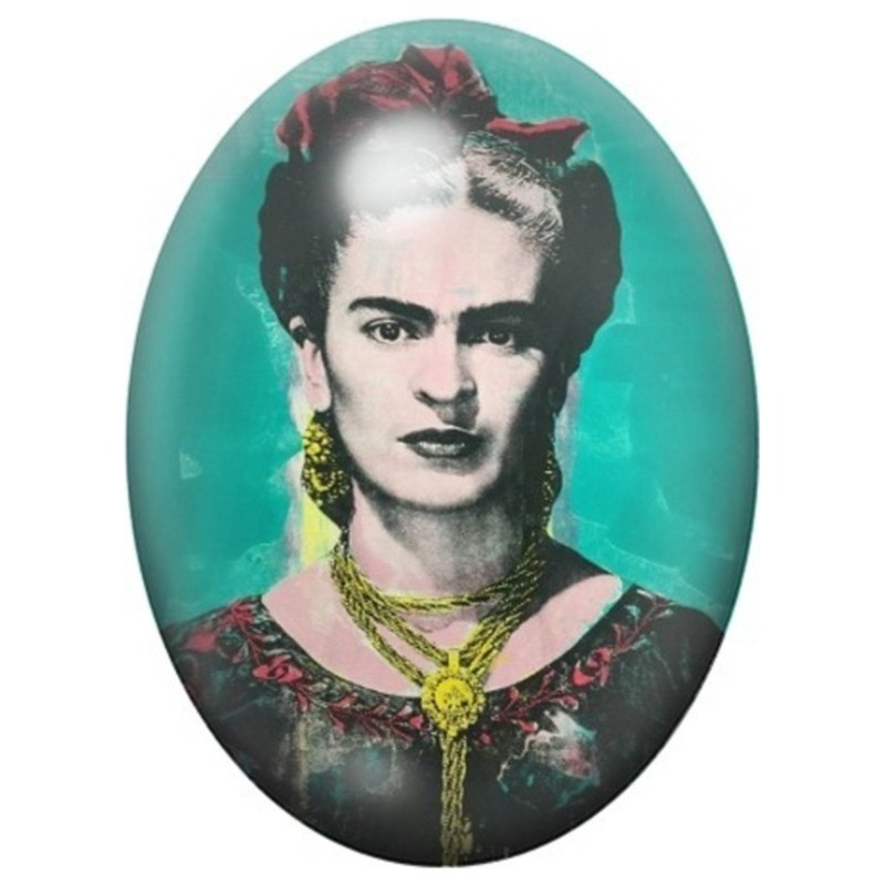Cabochon en Verre Illustré Frida Kahlo sur Fond Turquoise 13x18, 18x25 ou 30x40mm