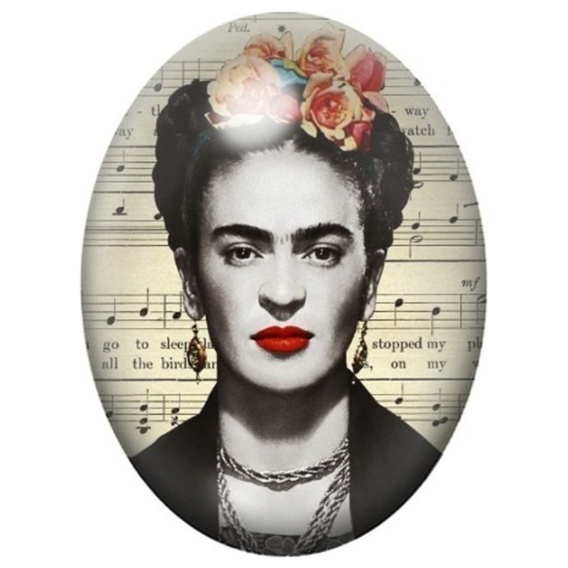 Cabochon en Verre Illustré Frida Kahlo aux Roses sur Partition Musicale 13x18, 18x25 ou 30x40mm