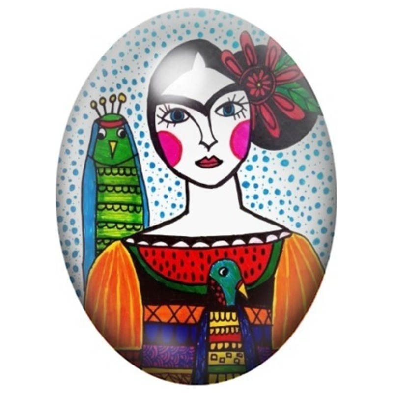 Cabochon en Verre Illustré Frida Kahlo Illustrée aux Oiseaux Colorés 13x18, 18x25 ou 30x40mm
