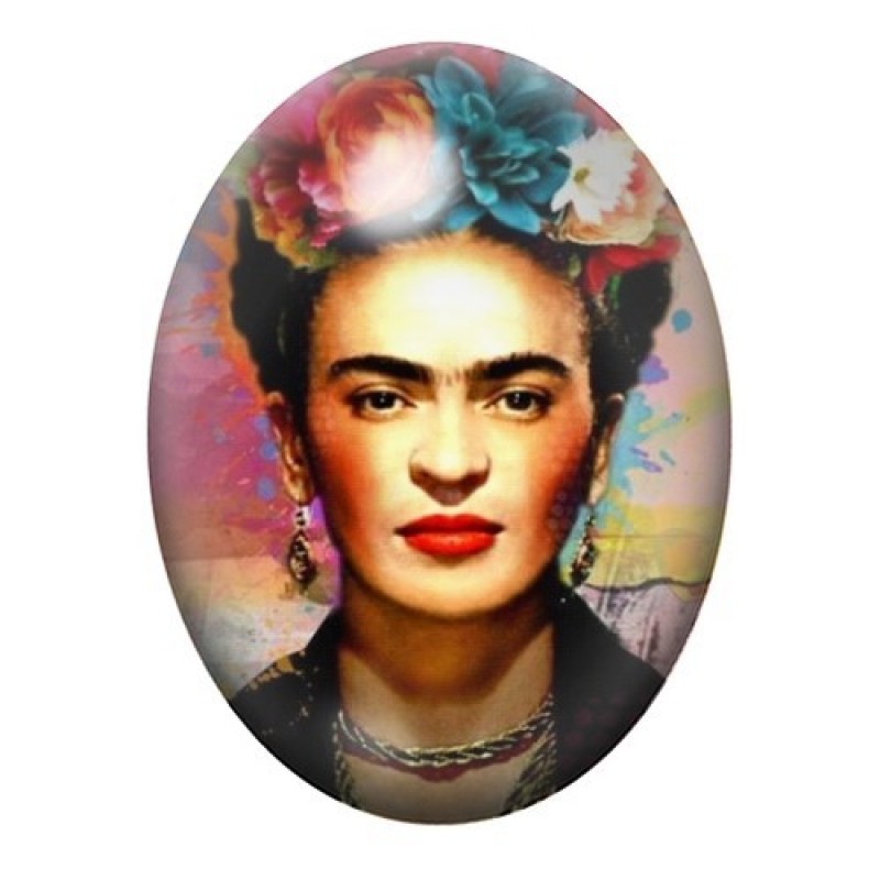 Cabochon en Verre Illustré Frida Kahlo aux Fleurs sur Fond Turquoise et Rose 13x18, 18x25 ou 30x40mm