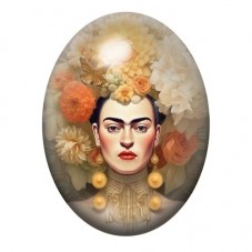 Cabochon en Verre Illustré Frida Kahlo à la Coiffe Ivoire et Dorée 13x18, 18x25 ou 30x40mm pour la création de bijoux fantaisie 