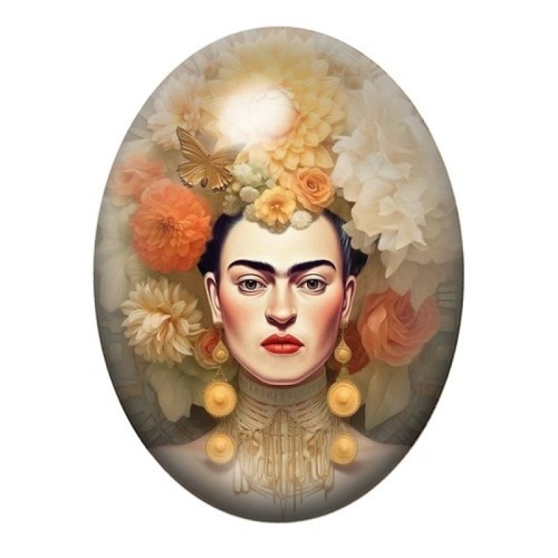 Cabochon en Verre Illustré Frida Kahlo à la Coiffe Ivoire et Dorée 13x18, 18x25 ou 30x40mm