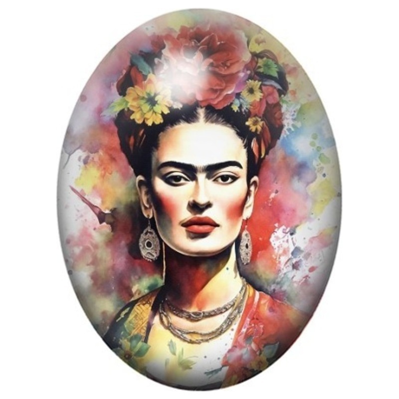 Cabochon en Verre Illustré Frida Kahlo en Aquarelle Florale Multicolore 13x18, 18x25 ou 30x40mm