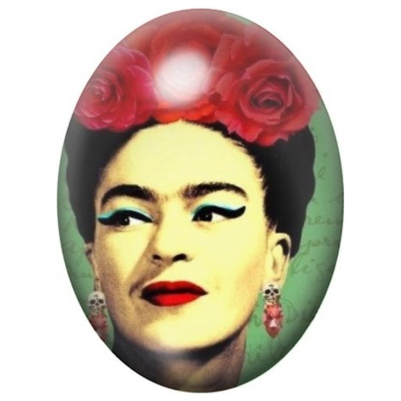 Cabochon en Verre Illustré Frida Kahlo au Regard de Côté et Roses Rouges 13x18, 18x25 ou 30x40mm