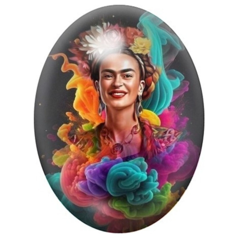Cabochon en Verre Illustré Frida Kahlo Souriant dans un Tourbillon de Fleurs 13x18, 18x25 ou 30x40mm