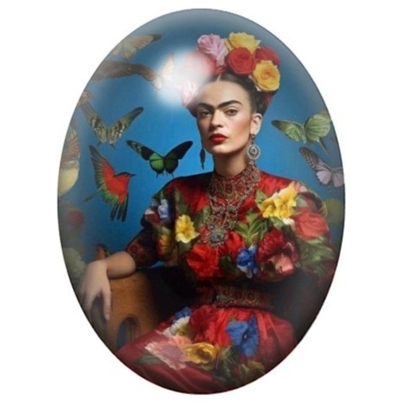 Cabochon en Verre Illustré Frida Kahlo aux Papillons et Bouquet Coloré 13x18, 18x25 ou 30x40mm