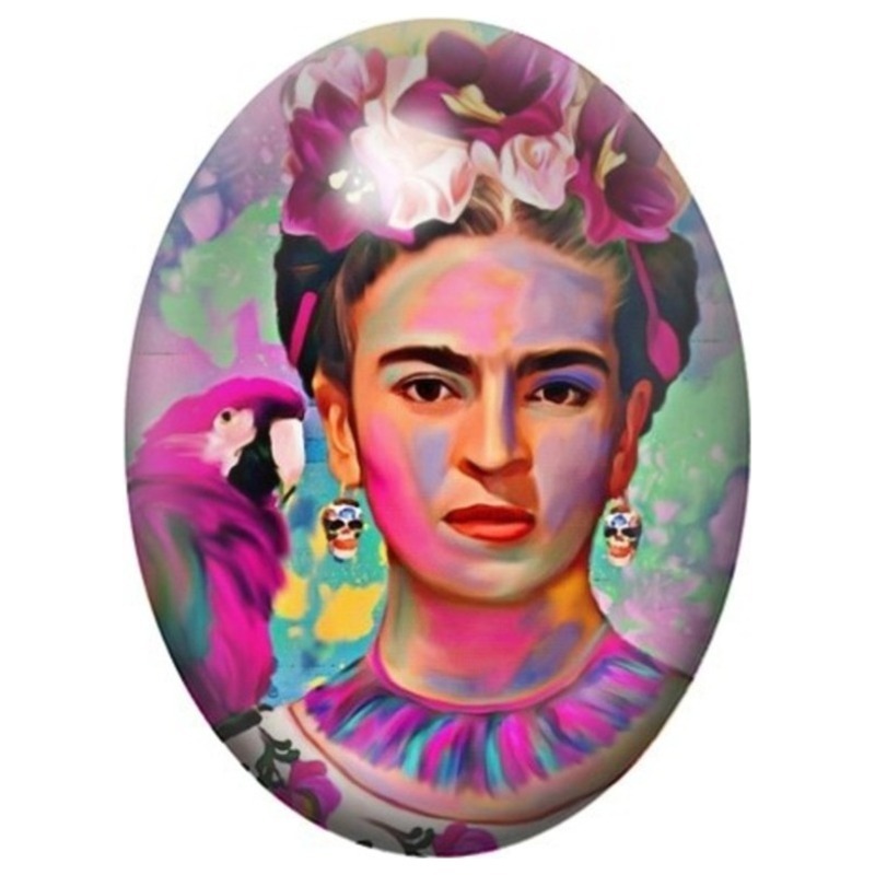Cabochon en Verre Illustré Frida Kahlo au Perroquet sur Fond Coloré 13x18, 18x25 ou 30x40mm