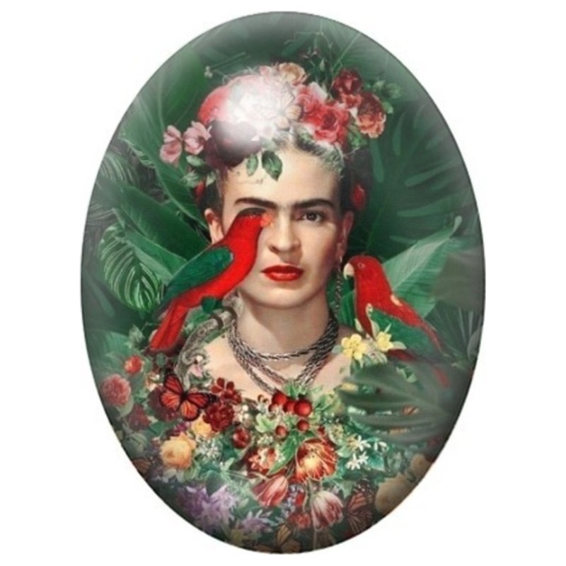Cabochon en Verre Illustré Frida Kahlo aux Perroquets Rouges et Fleurs 13x18, 18x25 ou 30x40mm