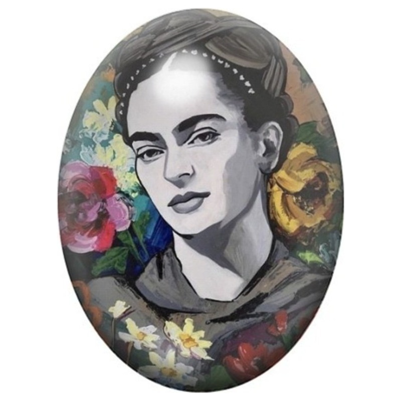 Cabochon en Verre Illustré Frida Kahlo en Noir et Blanc aux Fleurs Colorées 13x18, 18x25 ou 30x40mm
