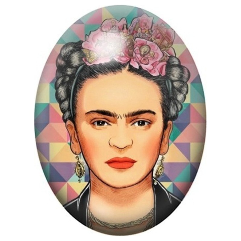Cabochon en Verre Illustré Frida Kahlo Illustrée aux Roses sur Fond Géométrique 13x18, 18x25 ou 30x40mm