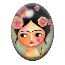 Cabochon en Verre Illustré Petite Frida Kahlo aux Roses Pastel 13x18, 18x25 ou 30x40mm pour la création de bijoux fantaisie - DI