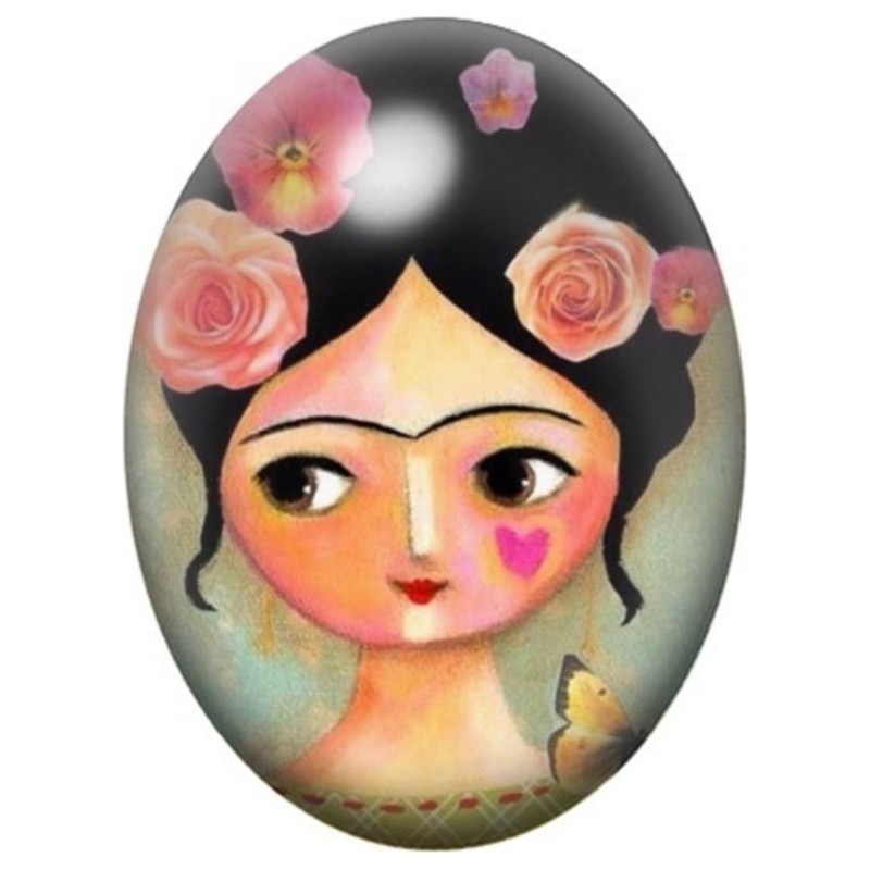 Cabochon en Verre Illustré Petite Frida Kahlo aux Roses Pastel 13x18, 18x25 ou 30x40mm