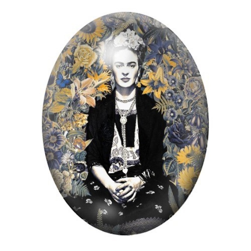 Cabochon en Verre Illustré Frida Kahlo Assise au Jardin Doré 13x18, 18x25 ou 30x40mm