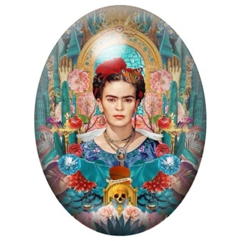 Cabochon en Verre Illustré Frida Kahlo en Robe Bleue au Jardin Mexicain 13x18, 18x25 ou 30x40mm
