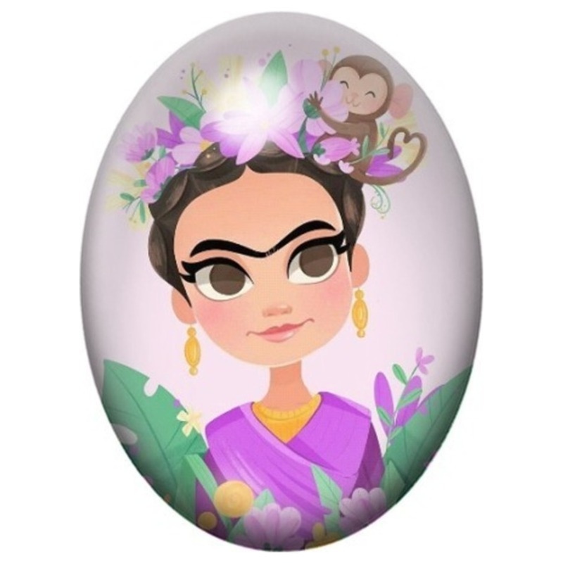 Cabochon en Verre Illustré Frida Kahlo Kawaii au Singe et aux Fleurs 13x18, 18x25 ou 30x40mm