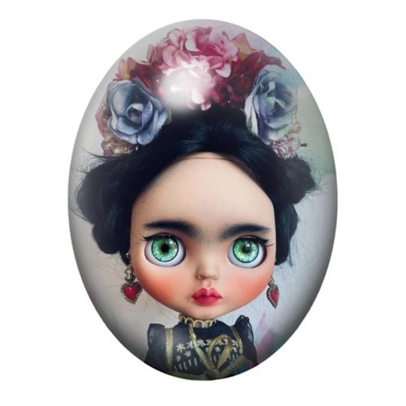 Cabochon en Verre Illustré Poupée Blythe Frida Kahlo aux Yeux Verts 13x18, 18x25 ou 30x40mm