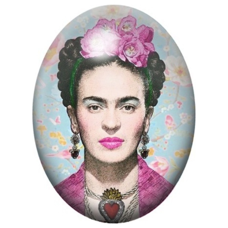 Cabochon en Verre Illustré Frida Kahlo aux Roses Mauves 13x18, 18x25 ou 30x40mm