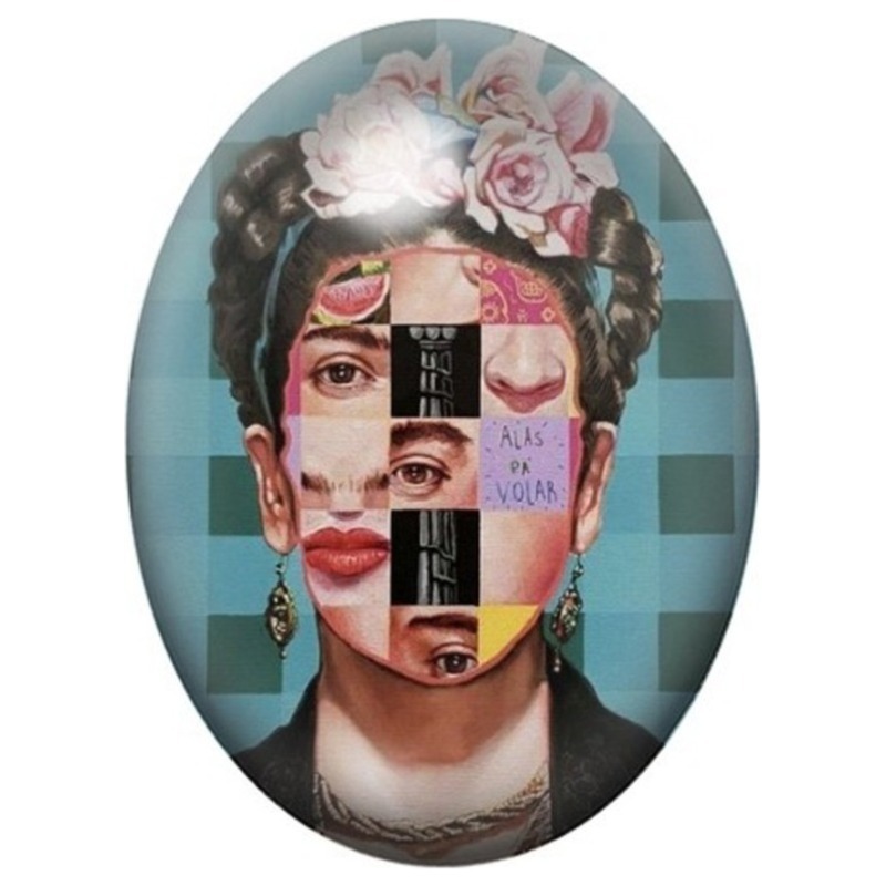 Cabochon en Verre Illustré Frida Kahlo au Portrait Fragmenté 13x18, 18x25 ou 30x40mm