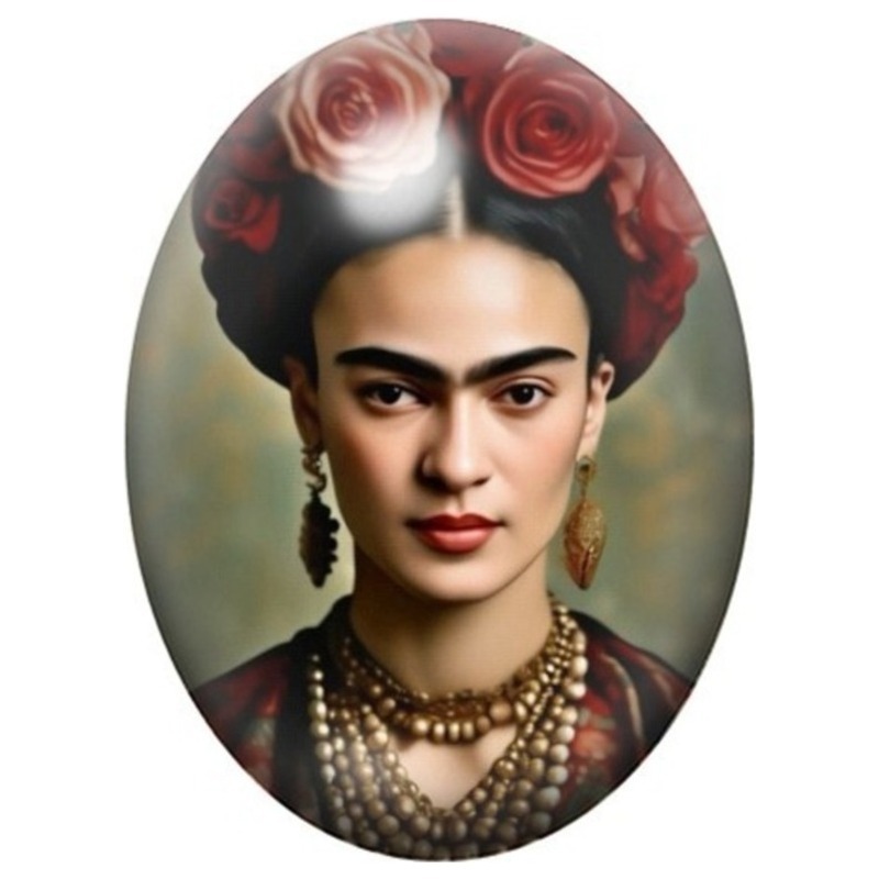 Cabochon en Verre Illustré Frida Kahlo aux Roses et Colliers de Perles 13x18, 18x25 ou 30x40mm