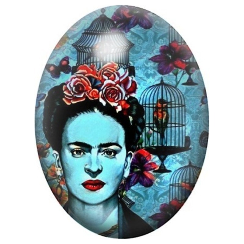 Cabochon en Verre Illustré Frida Kahlo à la Cage d’Oiseau 13x18, 18x25 ou 30x40mm